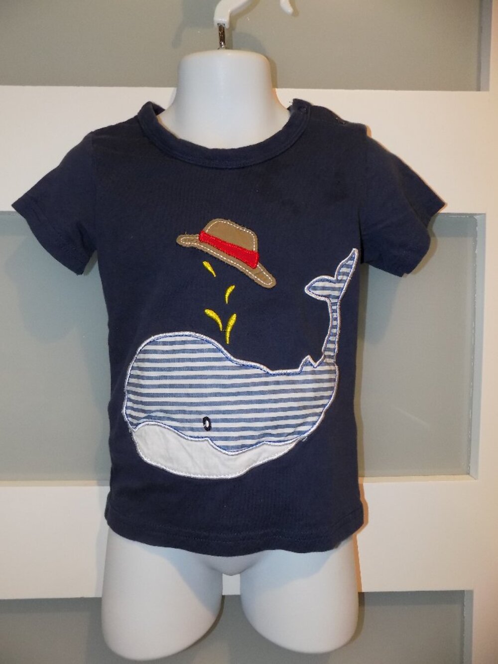 Fiream Navy Whale Appliqué Striped SS T-Shirt Size 2-3 Years
